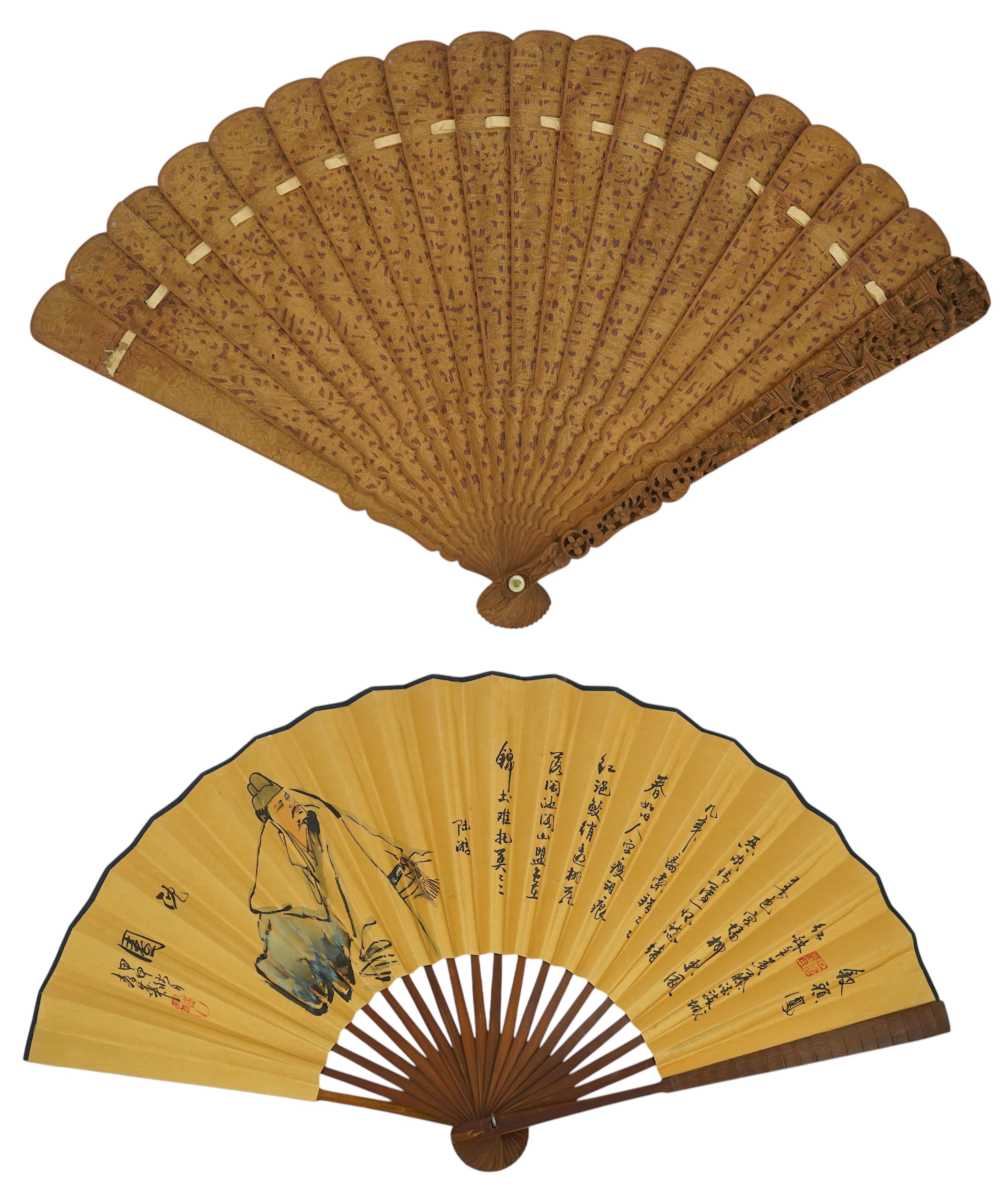 A fine Chinese sandalwood brise fan with finely carved sticks and guards, together with a mid 20th century silk calligraphic poetry LuYou fan, brise fan 38cm wide. Condition - minute damage to carving on one stick, sanda